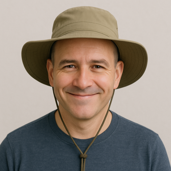 Hombre sonriendo con un sombrero de ala ancha para protegerse del sol, siguiendo las recomendaciones del postoperatorio de un injerto capilar.